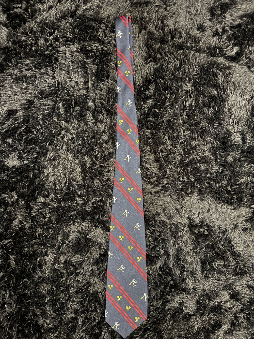 Vintage 1960/1970 Classic Navy Tie with Red Stripes and Yellow Tennis Motif